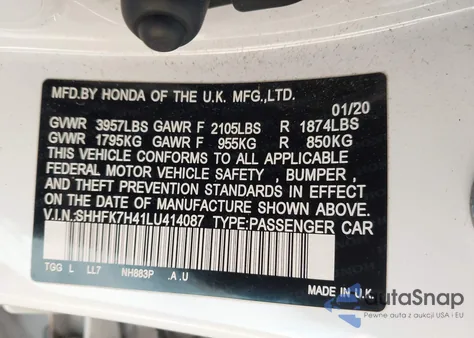 2020 Honda Civic Sport from USA, damaged, VIN SHHFK7H41LU414087